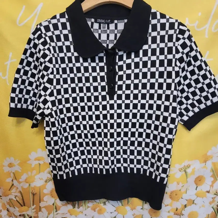 [BUNJANG] Studio Lab Checked Short-Sleeve Collar Knit / 스튜디오 랩 체크 반팔 카라 니트F