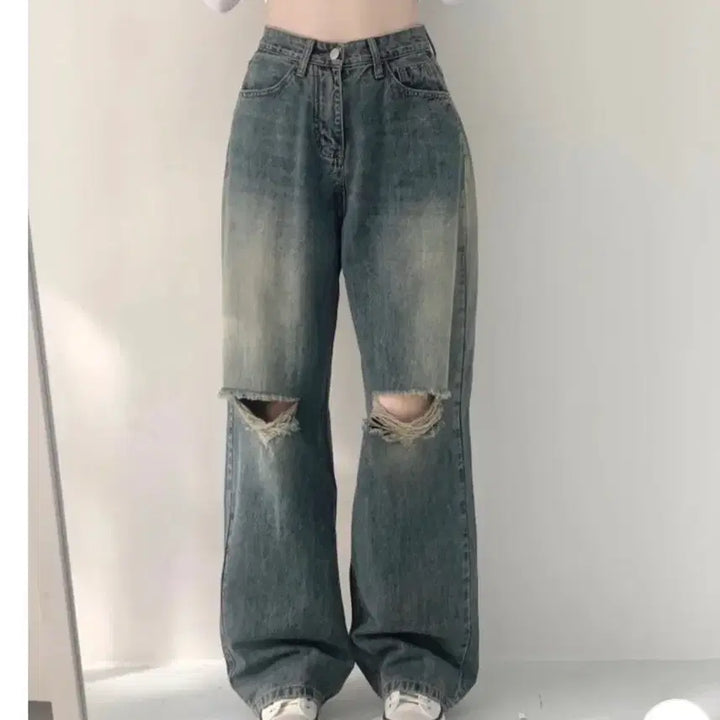 [BUNJANG] Distressed Wide-Leg Pants (Dark Blue/L/Long) / 찢청 와이드 팬츠 (진청/L/롱)