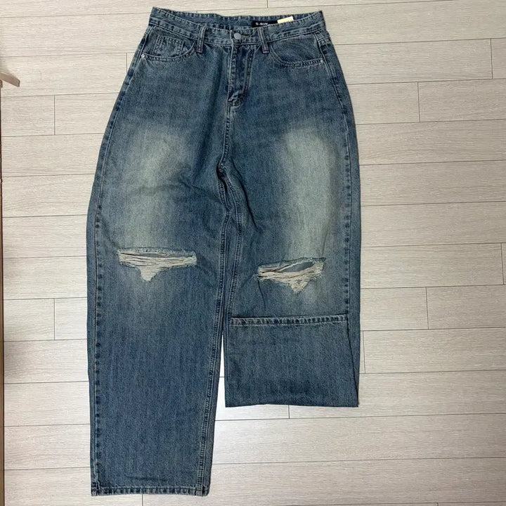 [BUNJANG] Distressed Wide-Leg Pants (Dark Blue/L/Long) / 찢청 와이드 팬츠 (진청/L/롱)