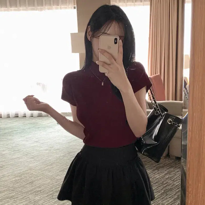 [BUNJANG] Your Button Burgundy Cap Sleeve Half Neck Knit Top / 무료배송) 유어버튼 버건디 캡소매 반폴라 반팔 니트 (1회 착용)