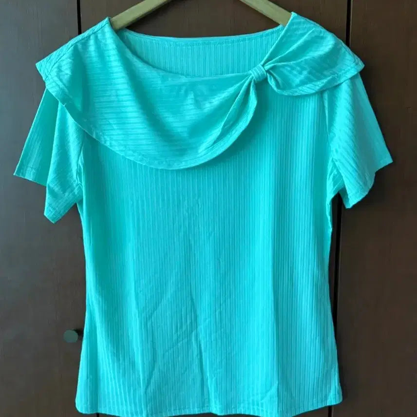 [BUNJANG] Mint Ribbon Short-Sleeve Blouse / 민트색 리본 블라우스 반팔