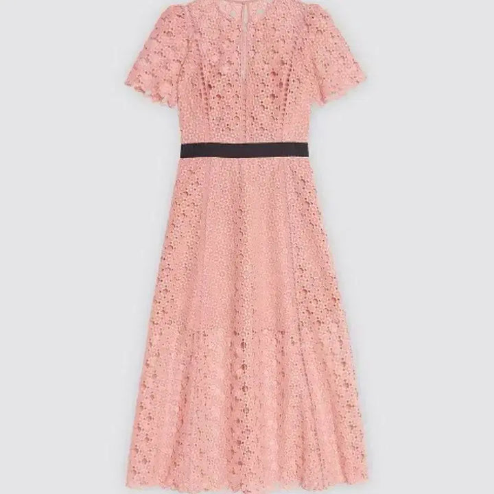 [BUNJANG] Sandro Lace Long Dress / 산드로 핑크 펀칭 레이스 반팔 롱 원피스