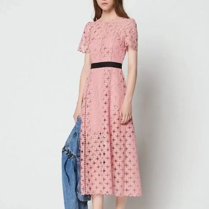 [BUNJANG] Sandro Lace Long Dress / 산드로 핑크 펀칭 레이스 반팔 롱 원피스