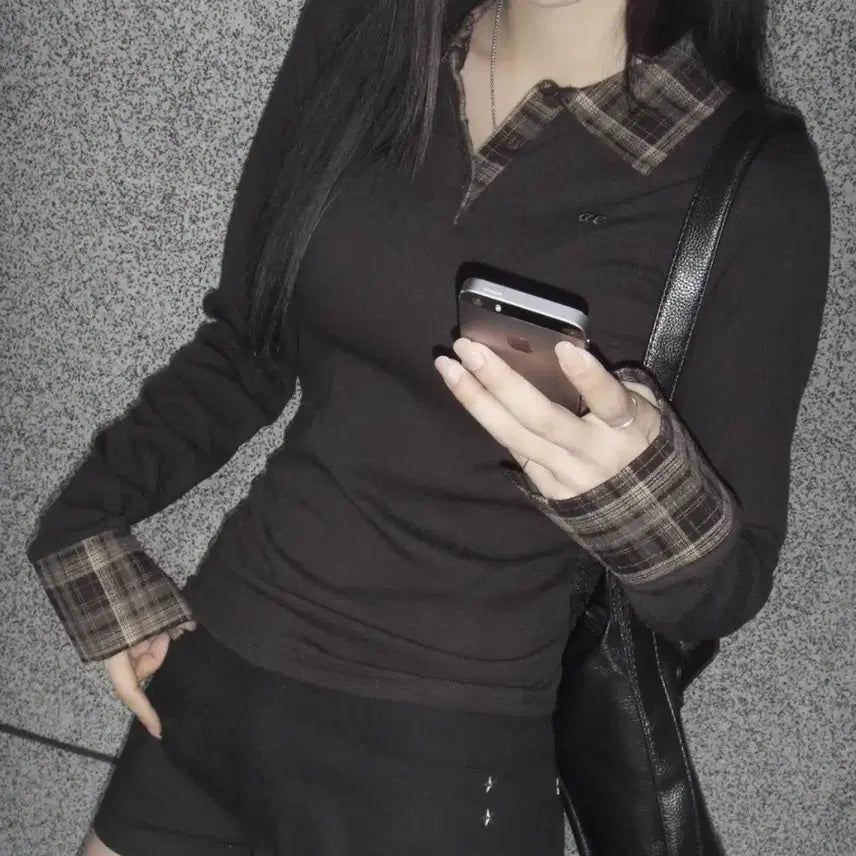 [BUNJANG] Chicks Check Point Slim Collar Long Sleeve Brown / 칙스 체크 포인트 슬림 카라 롱슬리브 브라운