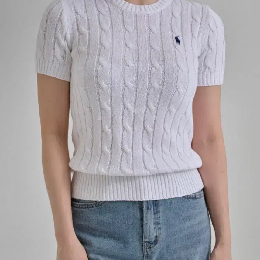[BUNJANG] Polo Cable Knit Round Neck Short Sleeve Sweater / 폴로 반팔 니트