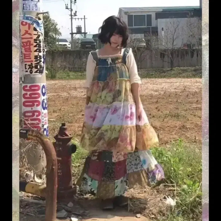 [BUNJANG] Tsukiyurari Hippie Ethnic Patchwork Coordi Set / 츠키유라리 모리걸 히피 에스닉 하구미 패치원피스 패치스커트 코디세트