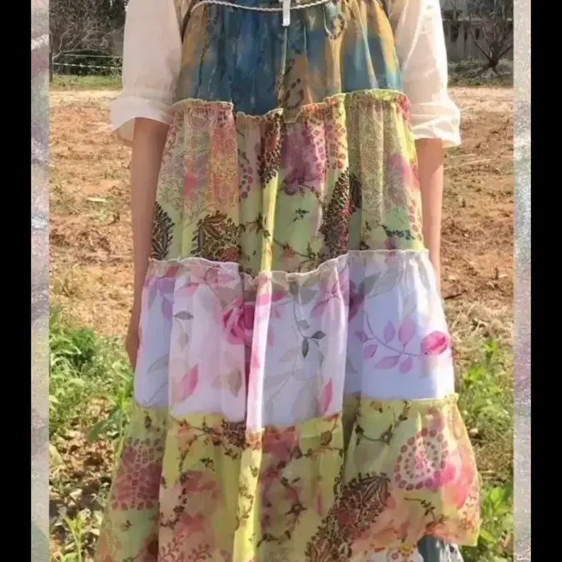 [BUNJANG] Tsukiyurari Hippie Ethnic Patchwork Coordi Set / 츠키유라리 모리걸 히피 에스닉 하구미 패치원피스 패치스커트 코디세트