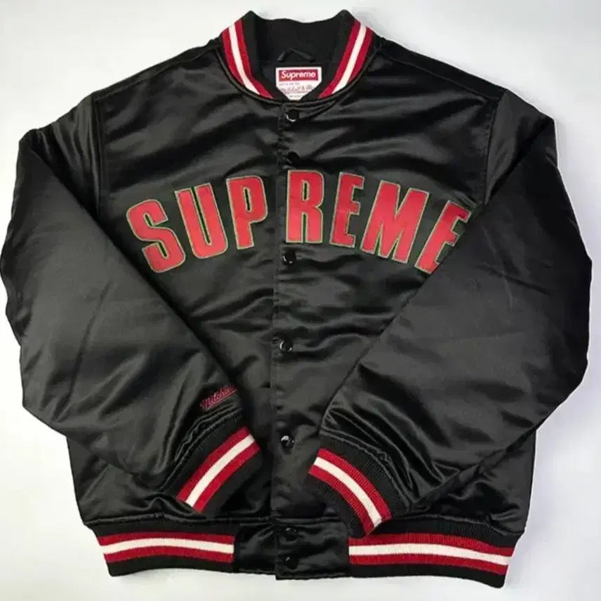 [BUNJANG] Supreme Mitchell &amp; Ness Satin Varsity Jacket Black S / 슈프림 미첼앤네스 새틴 바시티 자켓 블랙 S
