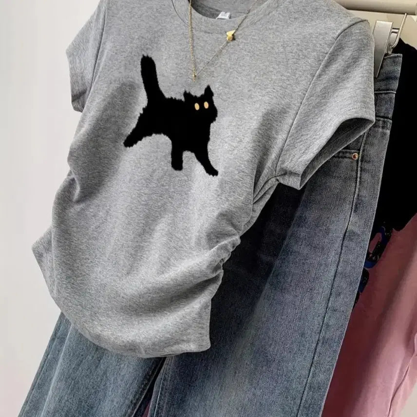 [BUNJANG] Gray Short Sleeve T-Shirt with Cat Print / 고양이 프린팅 회색 반팔 티셔츠