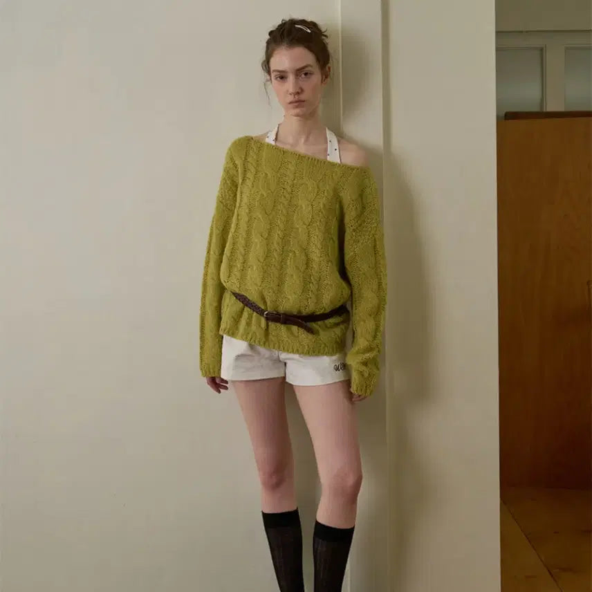 [BUNJANG] Without Summer Cinnamon Cable Knit Olive / 위드아웃썸머 시나몬 케이블 니트 올리브