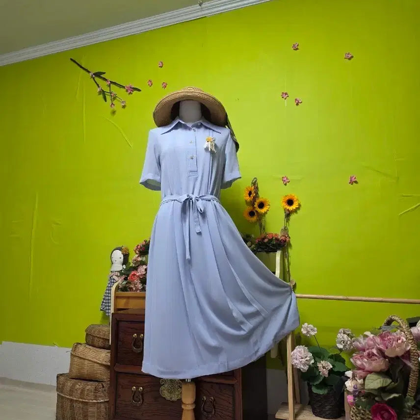 [BUNJANG] Light Blue Button-Front Collar Midi Dress with Ribbon Tie / 데이트룩/ 소라색/ 앞단추/ 리본끈 / 카라 미디 원피스