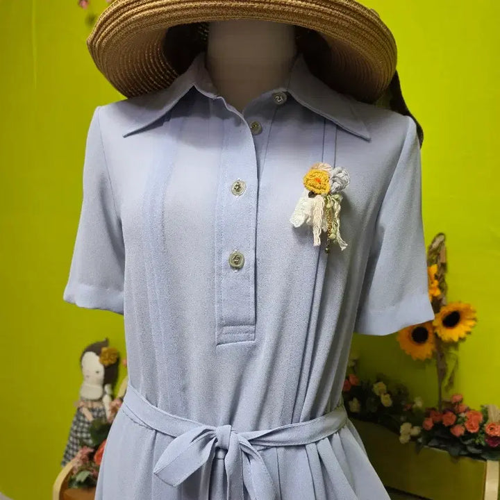 [BUNJANG] Light Blue Button-Front Collar Midi Dress with Ribbon Tie / 데이트룩/ 소라색/ 앞단추/ 리본끈 / 카라 미디 원피스