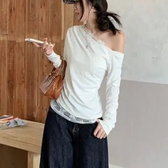 [BUNJANG] Lace Off-Shoulder Long-Sleeve T-Shirt / 레이스 오프숄더 긴팔 티셔츠