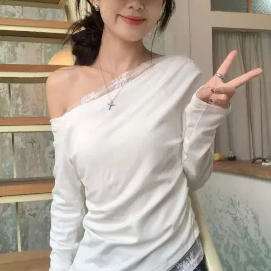 [BUNJANG] Lace Off-Shoulder Long-Sleeve T-Shirt / 레이스 오프숄더 긴팔 티셔츠