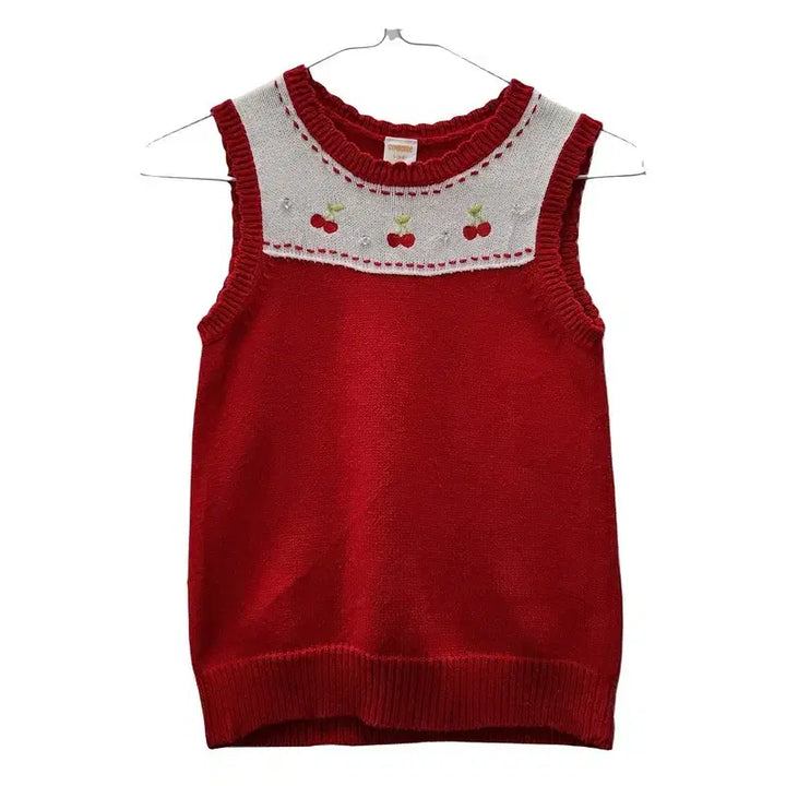 [BUNJANG] Vintage Kitsch Cherry Cubic Red Knit Vest S / 빈티지 키치 체리 큐빅 레드 니트 조끼 S
