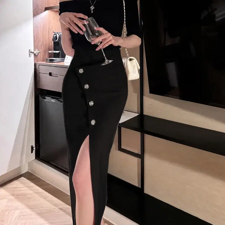 [BUNJANG] Asymmetrical Slit Long Skirt / 언발 트임슬릿스커트