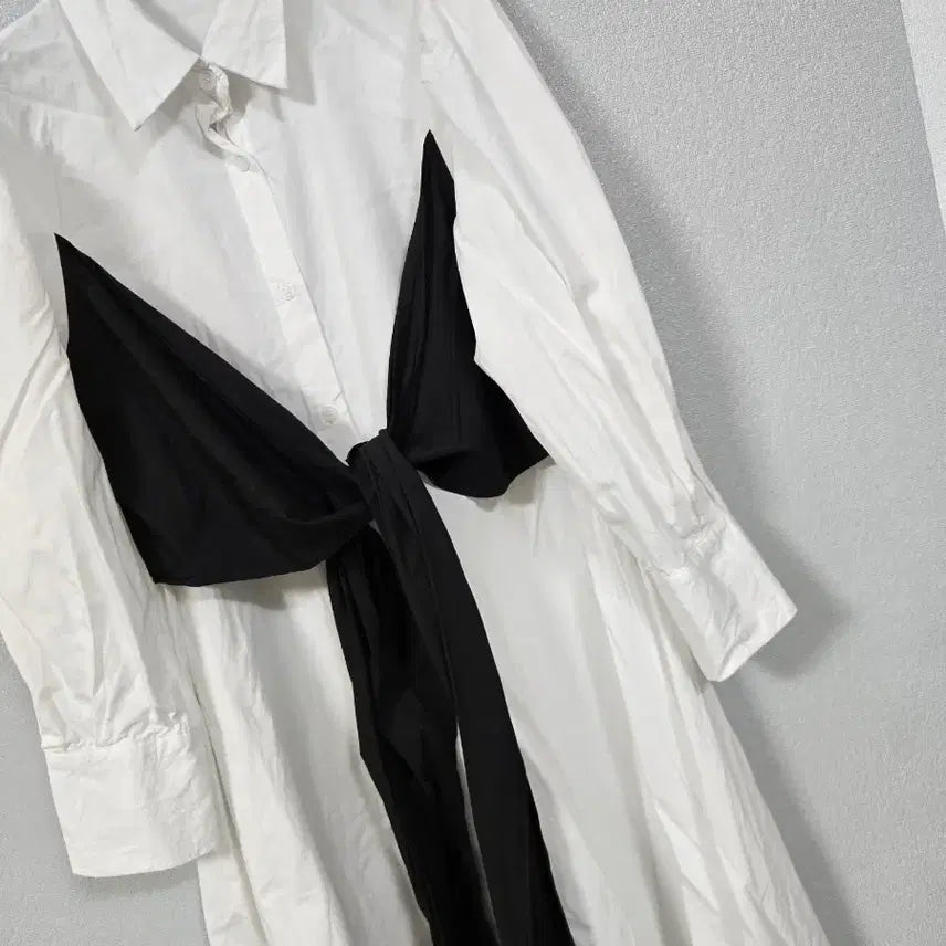 [BUNJANG] Colorblock Front-Tie Cotton Shirt Dress (Size M-L) / 배색 앞묶음 셔츠형 코튼원피스 66~77