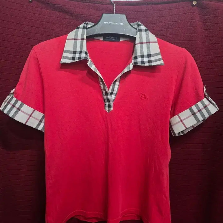 [BUNJANG] Burberry Red Check Short Sleeve Polo T-Shirt / 버버리 레드 체크 반팔 카라 티셔츠