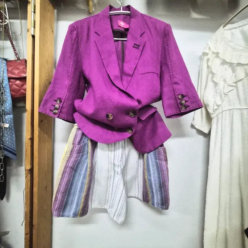 [BUNJANG] Oil Lily Linen Jacket &amp; Duel Cotton Shorts Set / 오일릴리 퍼플 린넨 자켓. 듀엘 레인보우 반바지