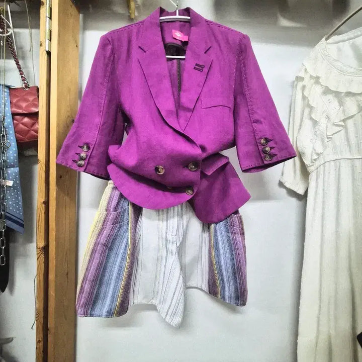 [BUNJANG] Oil Lily Linen Jacket &amp; Duel Cotton Shorts Set / 오일릴리 퍼플 린넨 자켓. 듀엘 레인보우 반바지
