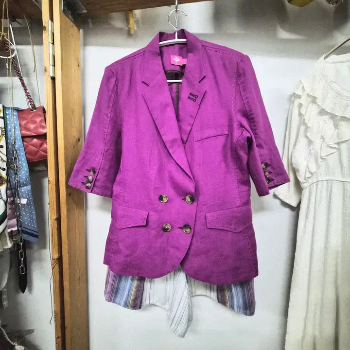 [BUNJANG] Oil Lily Linen Jacket &amp; Duel Cotton Shorts Set / 오일릴리 퍼플 린넨 자켓. 듀엘 레인보우 반바지