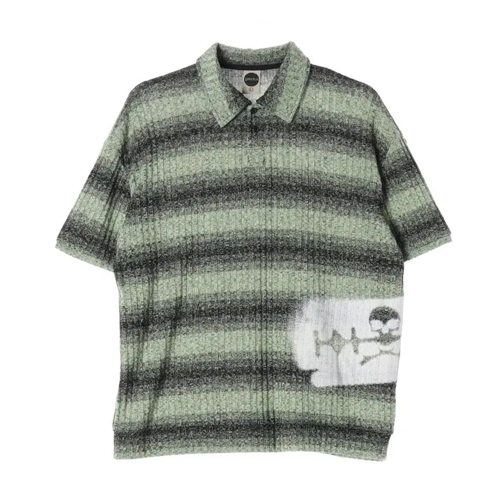 [BUNJANG] GLAK 23SS Striped Skull Graphic Oversized Collar Neck Short Sleeve T-Shirt / 글랙 23SS 스트라이프 해골 그래픽 오버핏 카라넥 반팔 티셔츠