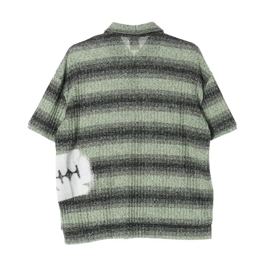 [BUNJANG] GLAK 23SS Striped Skull Graphic Oversized Collar Neck Short Sleeve T-Shirt / 글랙 23SS 스트라이프 해골 그래픽 오버핏 카라넥 반팔 티셔츠