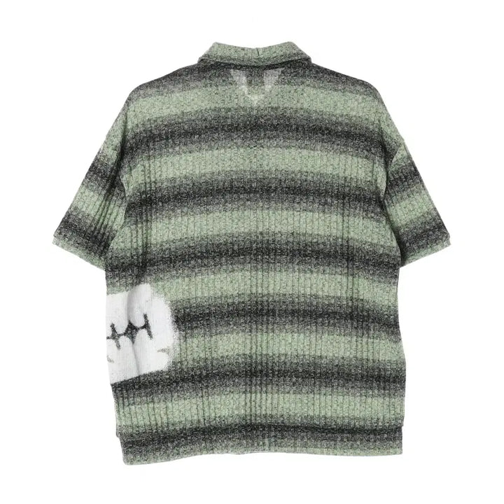 [BUNJANG] GLAK 23SS Striped Skull Graphic Oversized Collar Neck Short Sleeve T-Shirt / 글랙 23SS 스트라이프 해골 그래픽 오버핏 카라넥 반팔 티셔츠