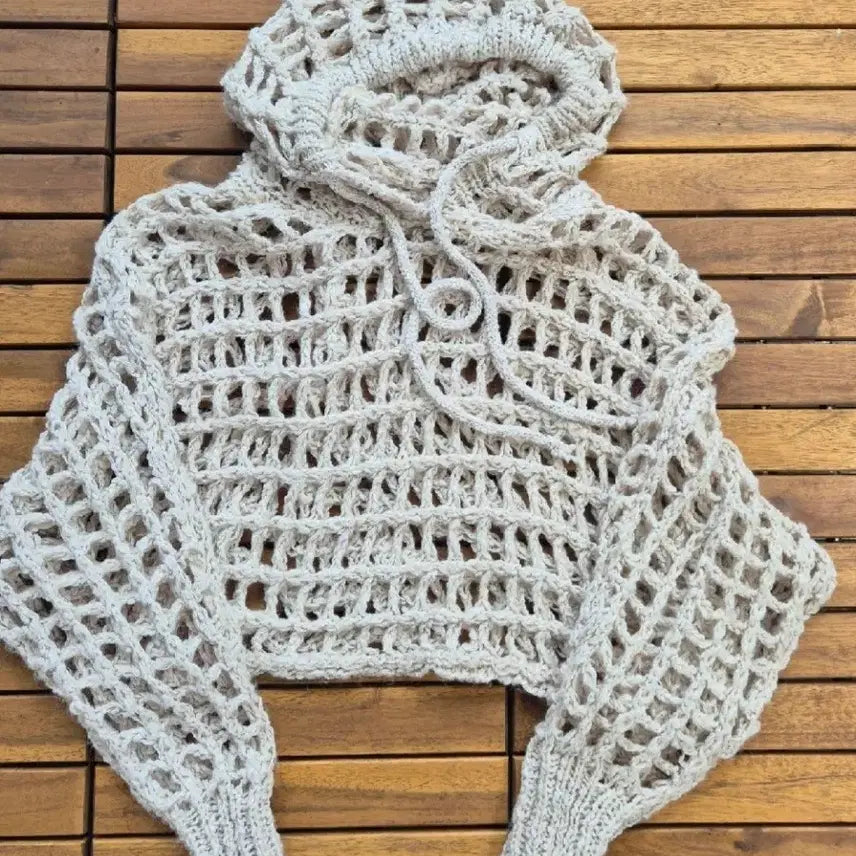 [BUNJANG] Ivory Crochet Hooded T-Shirt / 아이보리색 크로셰 뜨개 후드티