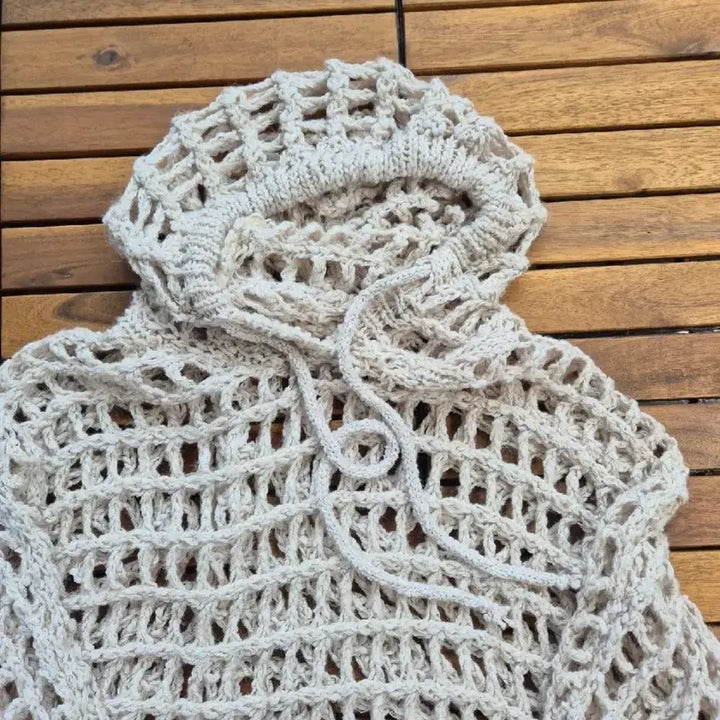 [BUNJANG] Ivory Crochet Hooded T-Shirt / 아이보리색 크로셰 뜨개 후드티