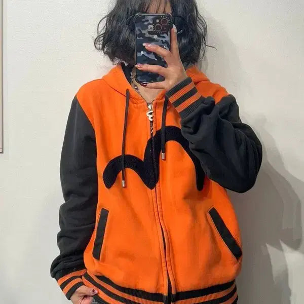 [BUNJANG] Evisu Medium Hooded Zip-Up Hoodie with Back Logo / 미디움 에비수 오렌지 배색 빈티지 백로고 후드 집업