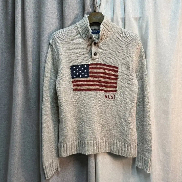 [BUNJANG] Polo Ralph Lauren Usa Flag Half-Zip Knit Beige / [M] 폴로 랄프로렌 성조기 하프 집업 니트 베이지