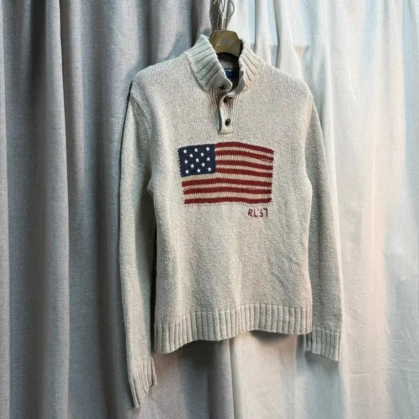 [BUNJANG] Polo Ralph Lauren Usa Flag Half-Zip Knit Beige / [M] 폴로 랄프로렌 성조기 하프 집업 니트 베이지
