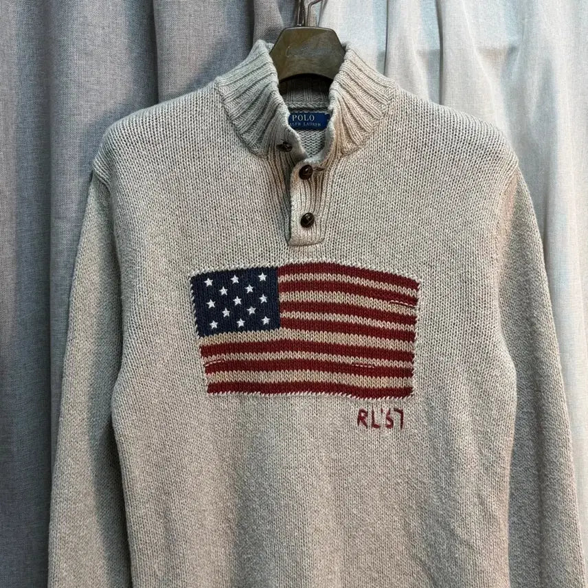 [BUNJANG] Polo Ralph Lauren Usa Flag Half-Zip Knit Beige / [M] 폴로 랄프로렌 성조기 하프 집업 니트 베이지