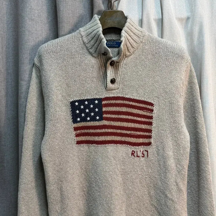 [BUNJANG] Polo Ralph Lauren Usa Flag Half-Zip Knit Beige / [M] 폴로 랄프로렌 성조기 하프 집업 니트 베이지