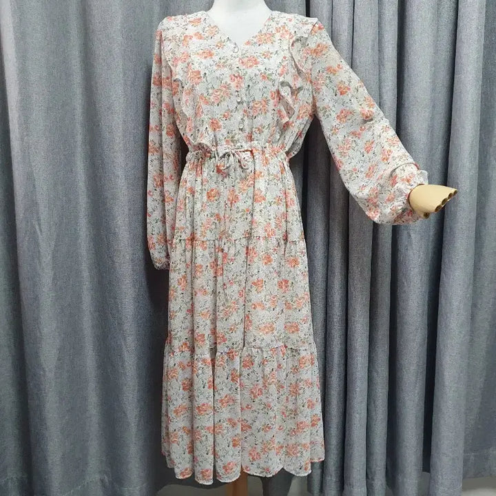 [BUNJANG] Floral Waist Tie Chiffon Dress / 플로럴 허리끈 쉬폰원피스