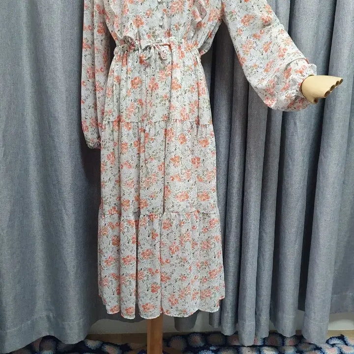 [BUNJANG] Floral Waist Tie Chiffon Dress / 플로럴 허리끈 쉬폰원피스