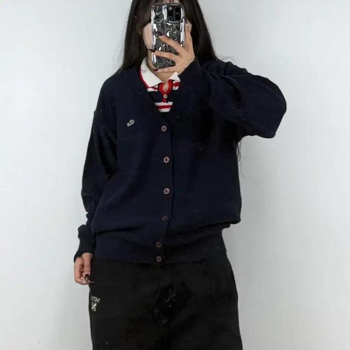 [BUNJANG] Lacoste Navy Logo V-Neck Cardigan / 라코스테 네이비 로고 브이넥 가디건 E56
