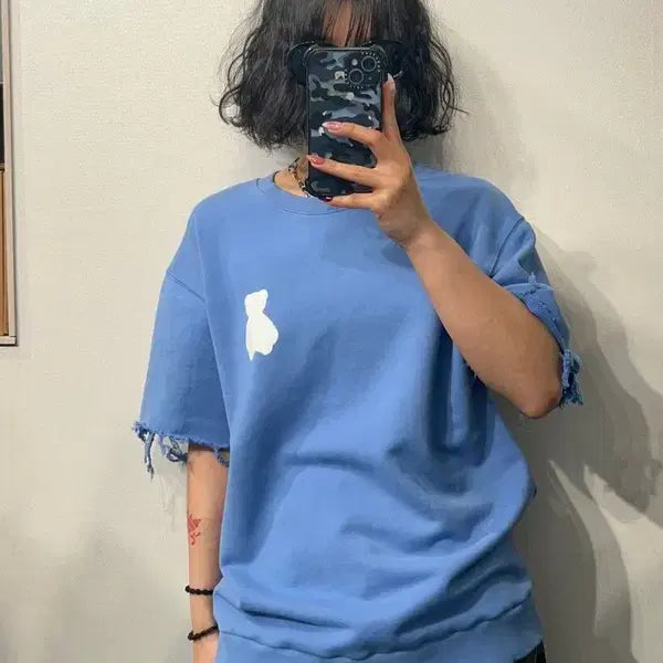 [BUNJANG] Acosse Studio Space Custom Damage Short Sleeve T-Shirt Blue / 1 아코스튜디오스페이스 커스텀 데미지 반팔 티셔츠 블루