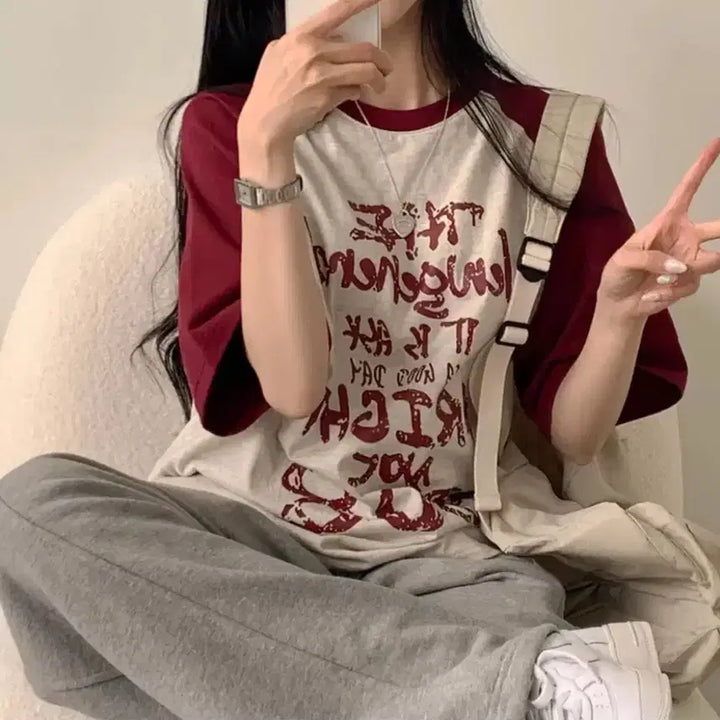 [BUNJANG] Hip Mood Color-Block Raglan Lettering T-Shirt / 본인착샷) 힙무드 배색 나그랑 레터링 반팔티 오버핏 루즈핏 에이블리