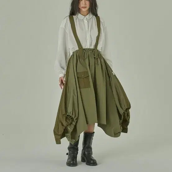 [BUNJANG] GOATSHOP Patchwork Overall Skirt Khaki / 고트샵 패치워크 오버롤 스커트 카키