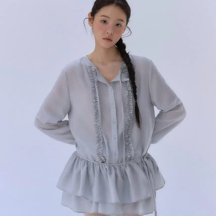[BUNJANG] OURO Ruffle Wrap Blouse - Pale Blue / [OURO] RUFFLE WRAP BLOUSE - PALE BLUE