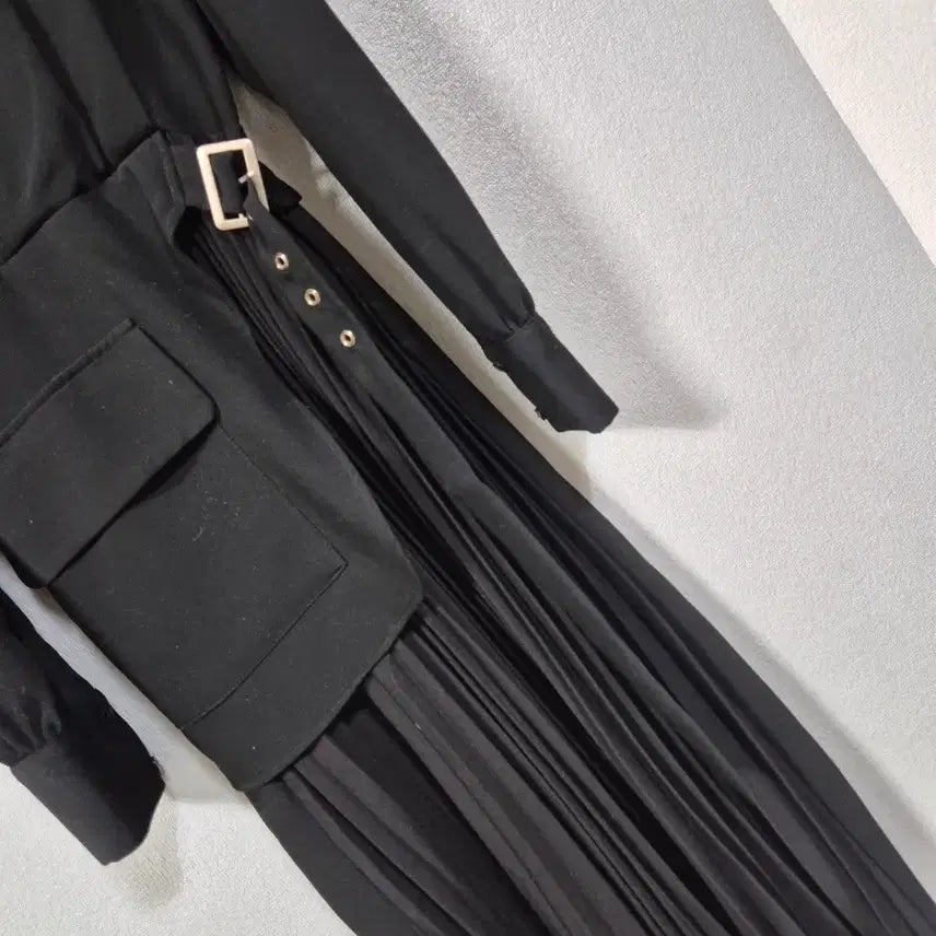 [BUNJANG] Lap Style Black Pleated Long Dress Size 55 / 랩스탈 플리츠 원피스 55