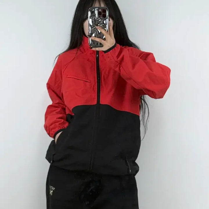 [BUNJANG] Reebok Red Black Color Block Windbreaker Jacket / 리복 레드 블랙 배색 바람막이 자켓 E67