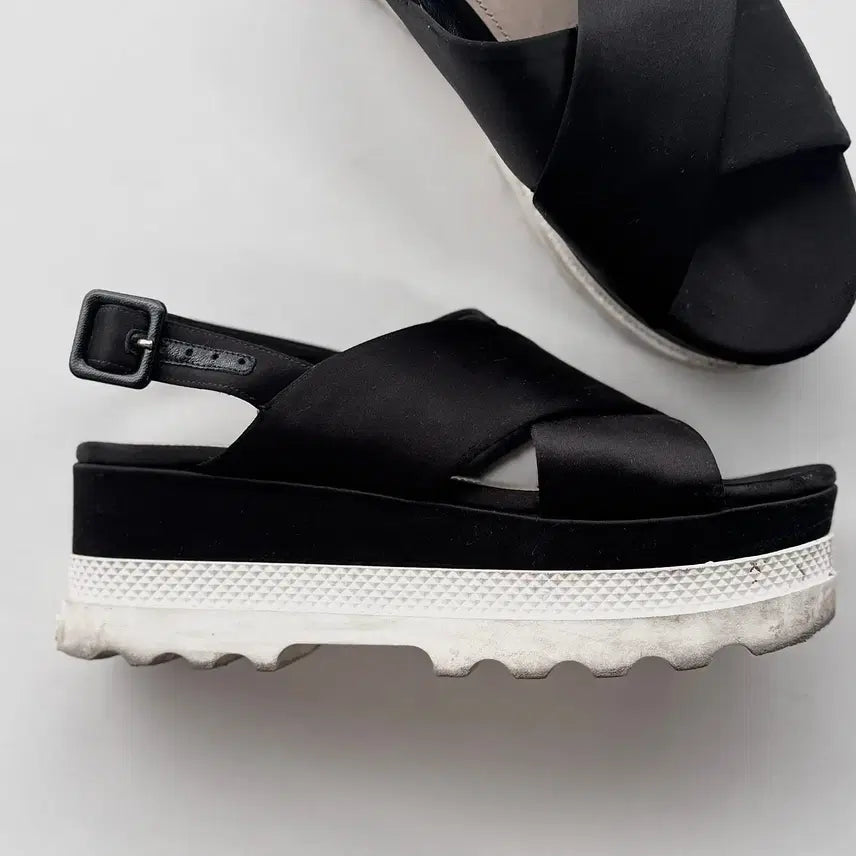 [BUNJANG] Miu Miu Black Satin Platform Cross Strap Sandals / 미우미우 miu miu 크로스 스트랩 샌들