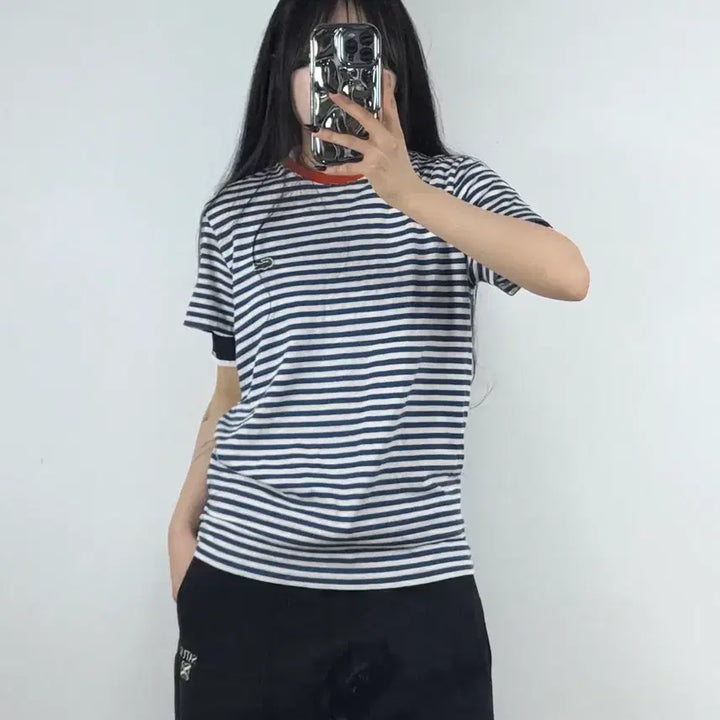 [BUNJANG] Lacoste Navy Stripe Short Sleeve T-Shirt E72 / 라코스테 네이비 스트라이프 반팔 티셔츠 E72