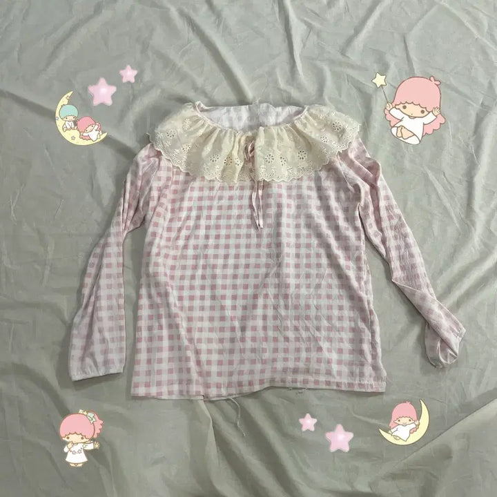 [BUNJANG] Morigirl Hagumi Light Pink Ivory Lace Blouse / 모리걸 하구미 연핑크 체크 아이보리 레이스 블라우스