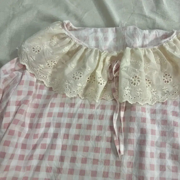[BUNJANG] Morigirl Hagumi Light Pink Ivory Lace Blouse / 모리걸 하구미 연핑크 체크 아이보리 레이스 블라우스