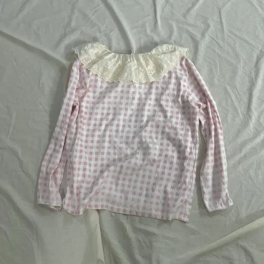 [BUNJANG] Morigirl Hagumi Light Pink Ivory Lace Blouse / 모리걸 하구미 연핑크 체크 아이보리 레이스 블라우스