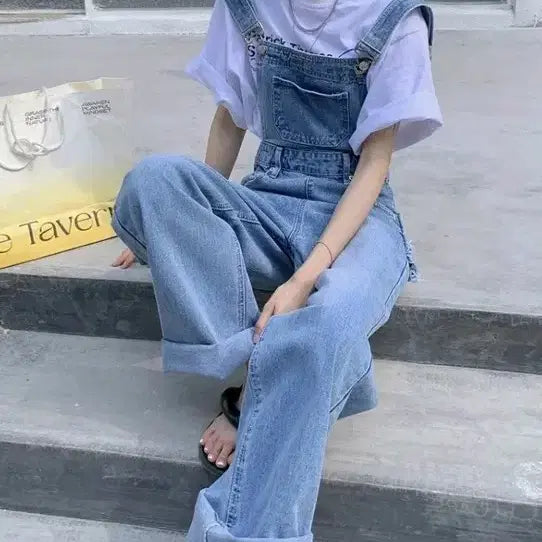 [BUNJANG] Washed Denim Overalls Wide Pants / 워싱 데님 멜빵 와이드 팬츠